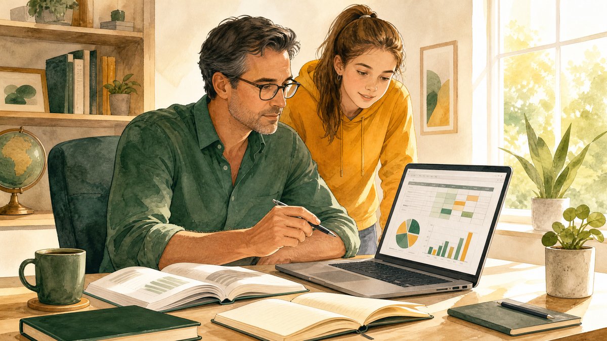 Finance-forward dad and teen daughter reviewing a comparison chart on a laptop
