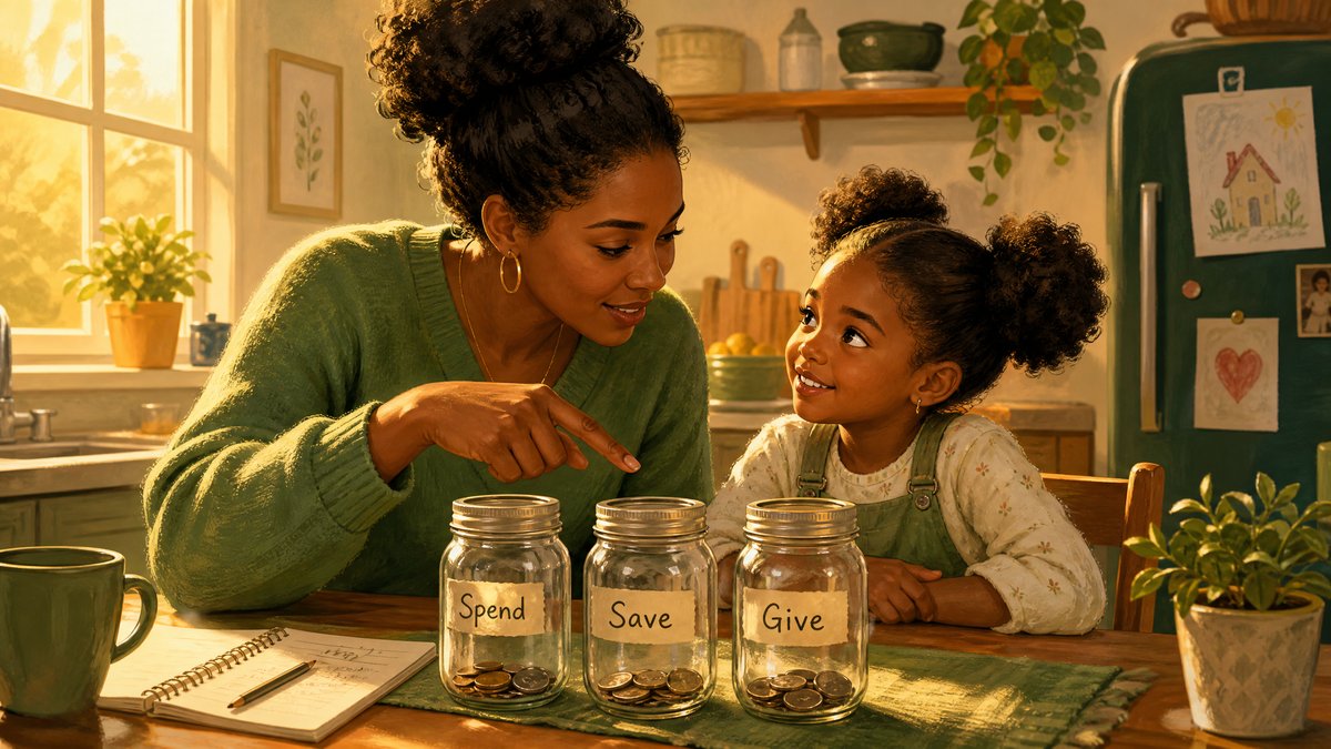 Single mom and daughter setting up three labeled money jars at the kitchen table