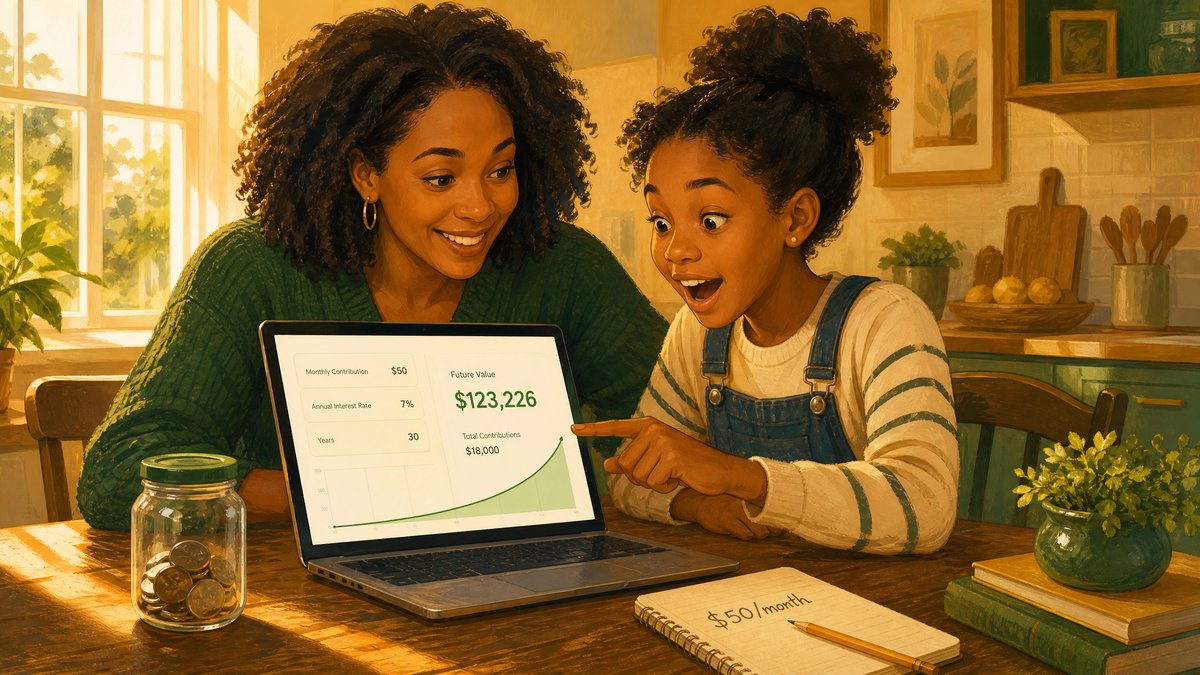 Mom and daughter discovering compound interest math together on a laptop