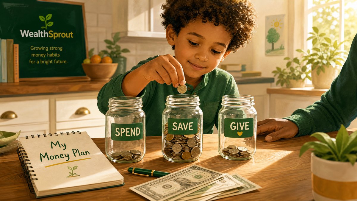 Child sorting coins into Spend, Save and Give jars at a sunny kitchen table