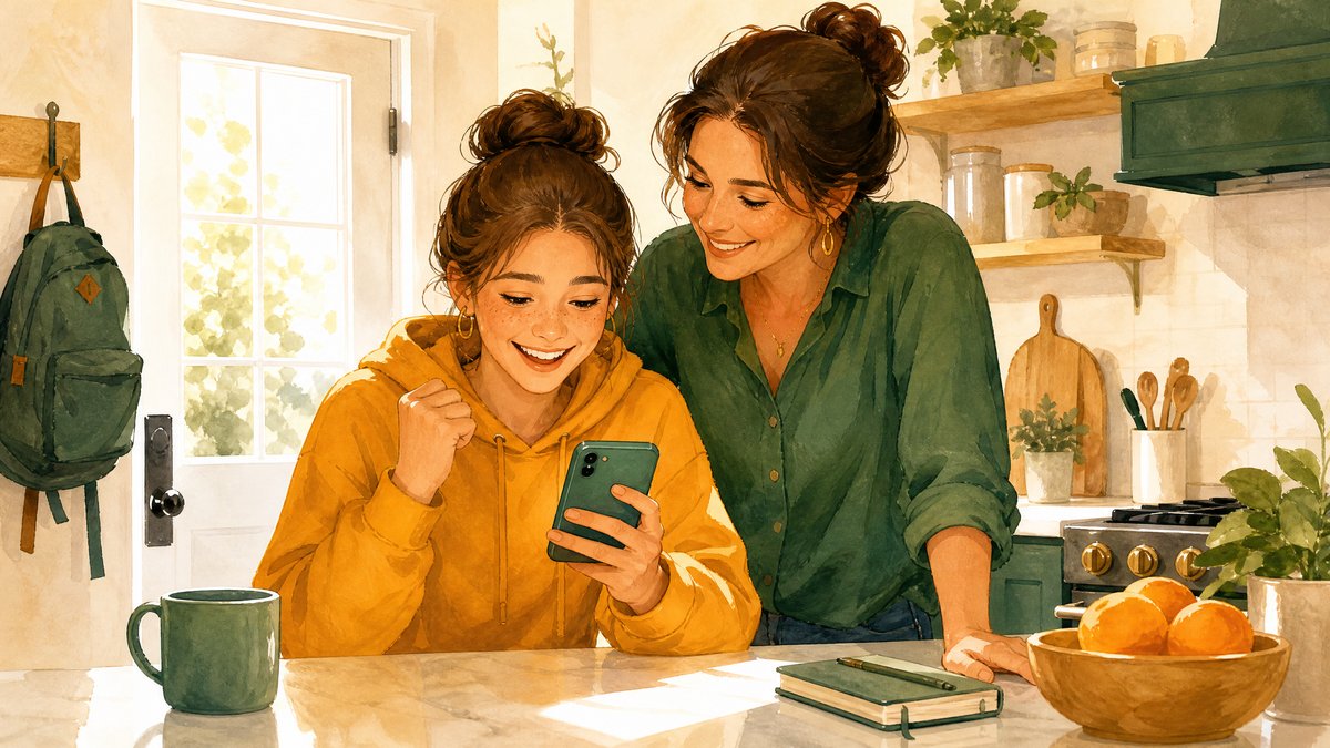 Teen and mom looking at first paycheck on phone in morning kitchen light