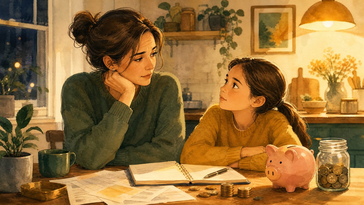 Mom and daughter at kitchen table with piggy bank and coins
