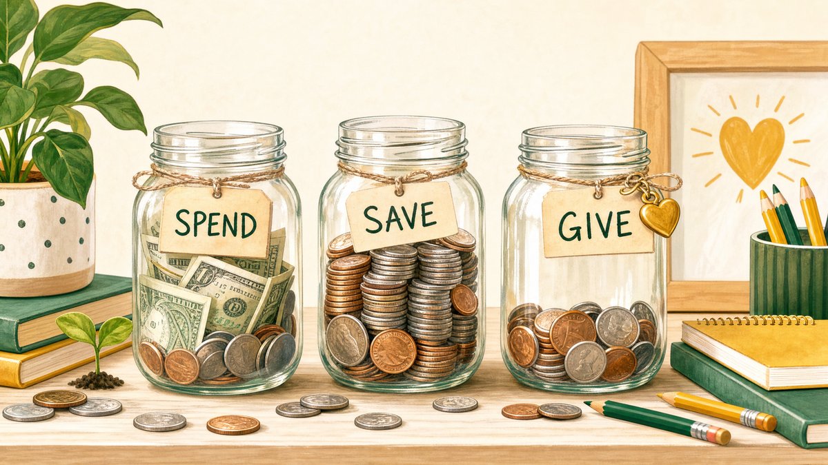 Three labeled mason jars for Spend, Save, and Give — the 3-Jar Money System for kids
