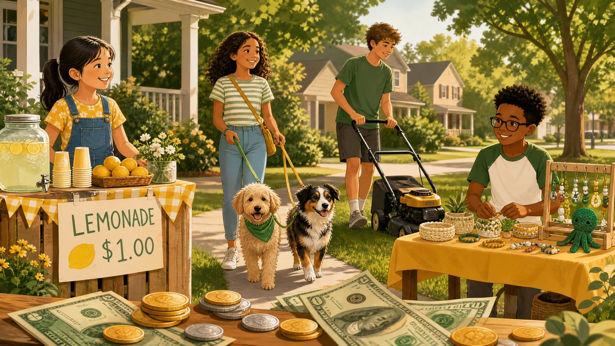 Kids making money — lemonade stand, dog walking, lawn mowing, and selling crafts